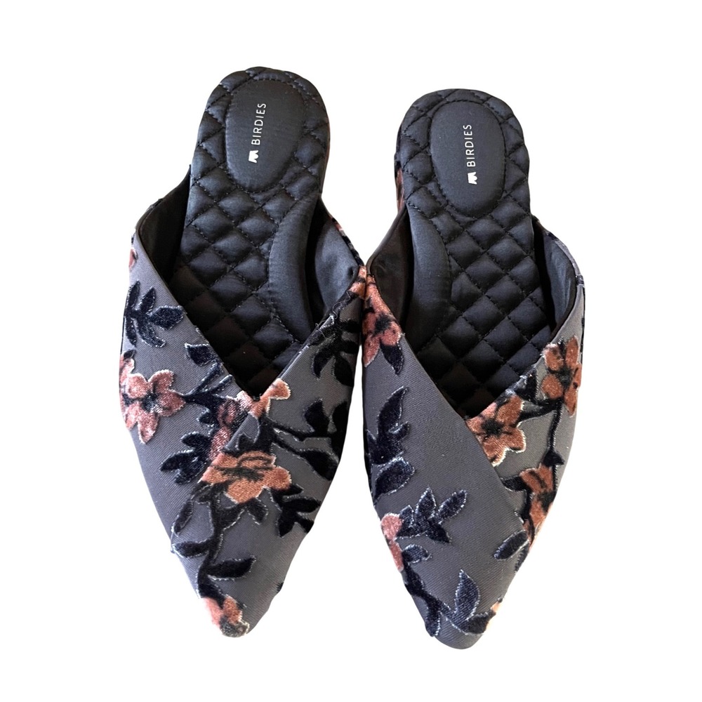 Birdies Swan Mules Wmn 8 Grey Floral Velvet Pointed Toe Quilted Slides Dark Chic